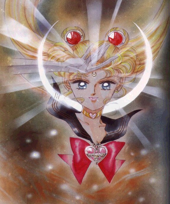 Sailormoon in front of
a glowing crescent moon