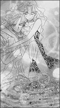 A Black and White Michiru and Haruka Hugging